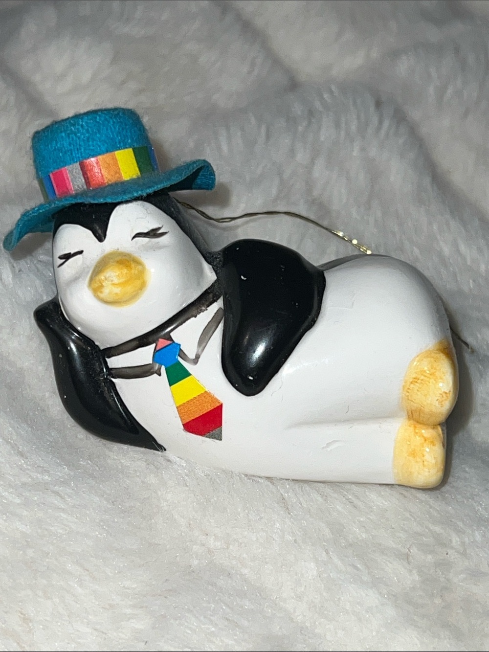 Vintage 1980s Ceramic Lounging Penguin Figurine Rainbow Top Hat Kitsch